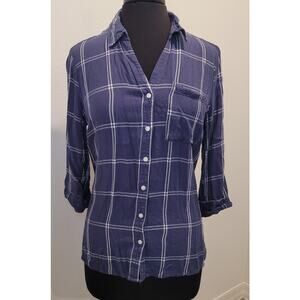 Women’s Navy Blue Windowpane Button-Up Shirt – Size M – 3/4 Sleeve High-Low Hem